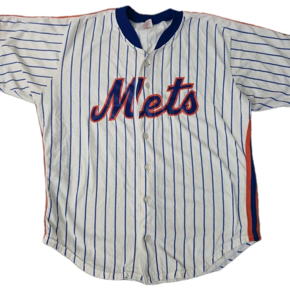 Vintage 80s New York Mets Rawlings Pinstripe MLB Button Jersey Blank Size L USA